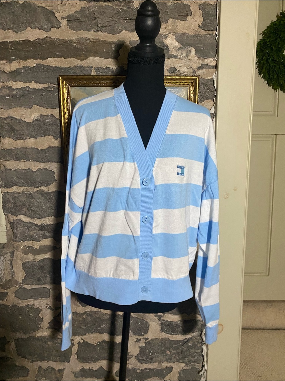 Tommy Hilfiger Light Blue & White Striped V-Neck Cropped Cardigan